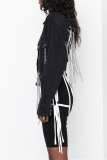 Black Fashion Casual Patchwork Chains Turndown Collar Long Sleeve Regular Denim Jacket