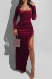 Blue Fashion Sexy Solid Slit Square Collar Long Sleeve Dresses