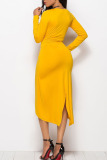 Yellow Casual Solid Split Joint Fold Asymmetrical O Neck Straight Dresses