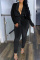 Black Fashion Casual Solid Cardigan Pants V Neck Plus Size Two Pieces