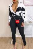 White Fashion Casual Print Slit V Neck Long Sleeve Two Pieces