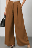 Khaki Casual Elegant Solid Split Joint Fold Straight Wide Leg Solid Color Bottoms