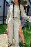 Grey Fashion Casual Solid Split Joint Slit O Neck Long Sleeve Two Pieces