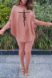 Pink Casual Letter Print Asymmetrical Turtleneck Long Sleeve Two Pieces