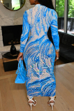 Blue Fashion Print Patchwork Zipper Collar Long Sleeve Dresses