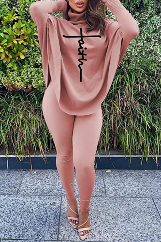 Pink Casual Letter Print Asymmetrical Turtleneck Long Sleeve Two Pieces
