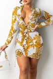 Yellow Sexy Print Patchwork Buckle V Neck Pencil Skirt Dresses