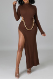 Brown Fashion Sexy Solid Hollowed Out Slit O Neck Long Sleeve Dresses (Without Waist Chain)