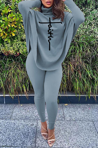 Grey Casual Letter Print Asymmetrical Turtleneck Long Sleeve Two Pieces