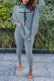 Black Casual Letter Print Asymmetrical Turtleneck Long Sleeve Two Pieces