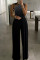 Black Fashion Sexy Patchwork Hot Drilling Hollowed Out O Neck Regular Jumpsuits