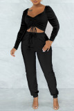 Black Sexy Solid Split Joint Draw String Fold Square Collar Long Sleeve Two Pieces