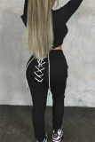 Black Fashion Casual Solid Bandage Hooded Collar Long Sleeve Two Pieces