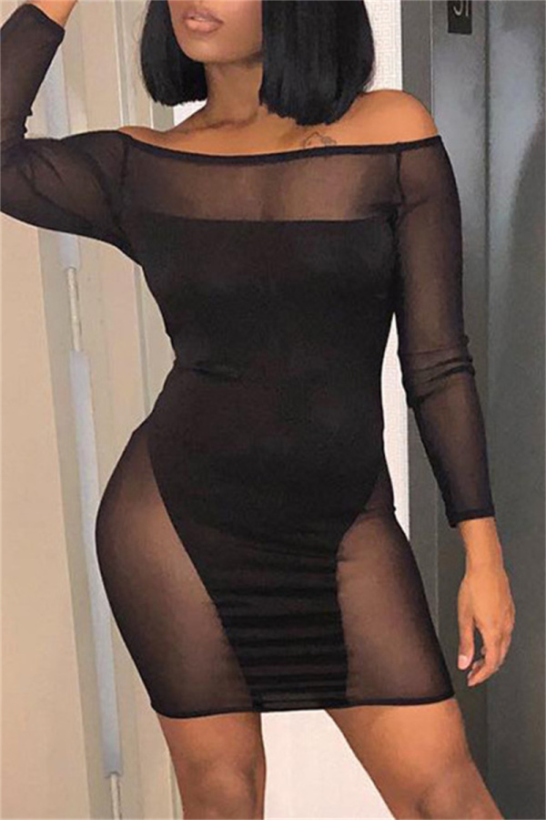 Black Fashion Sexy Patchwork See-through Off the Shoulder Long Sleeve Dresses