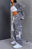 Grey Fashion Casual Print Cardigan Pants Turndown Collar Long Sleeve Two Pieces
