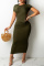 Olive Green Fashion Sexy Solid Backless O Neck Short Sleeve Irregular Dress