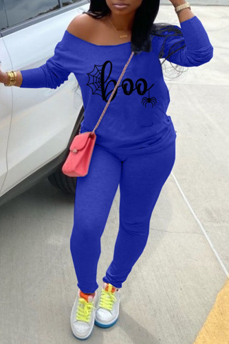 Blue Casual Print Patchwork Off the Shoulder Long Sleeve Two Pieces