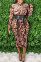 Leopard Print Sexy Print Leopard Split Joint Without Belt O Neck One Step Skirt Plus Size Dresses(Without Belt)