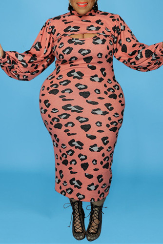Pink Fashion Sexy Print Hollowed Out Turtleneck Plus Size Two Pieces