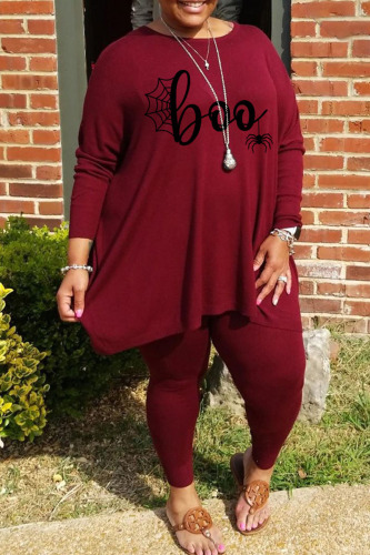Burgundy Casual Print Patchwork O Neck Plus Size Two Pieces