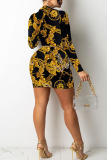 Yellow Sexy Print Patchwork Buckle V Neck Pencil Skirt Dresses