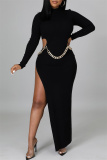 Black Fashion Sexy Solid Hollowed Out Slit O Neck Long Sleeve Dresses (Without Waist Chain)