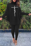 Black Casual Letter Print Asymmetrical Turtleneck Long Sleeve Two Pieces