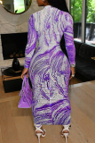 Purple Fashion Print Patchwork Zipper Collar Long Sleeve Dresses