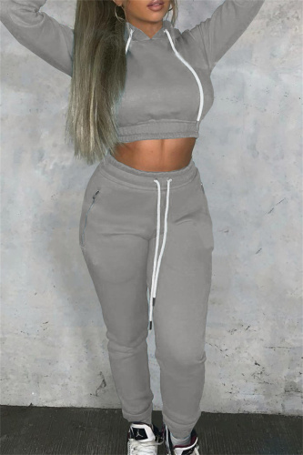 Grey Fashion Casual Solid Bandage Hooded Collar Long Sleeve Two Pieces