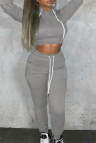 Grey Fashion Casual Solid Bandage Hooded Collar Long Sleeve Two Pieces