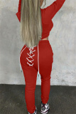 Red Fashion Casual Solid Bandage Hooded Collar Long Sleeve Two Pieces