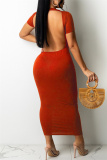 Tangerine Red Fashion Sexy Solid Backless O Neck Short Sleeve Irregular Dress