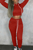 Red Fashion Casual Solid Bandage Hooded Collar Long Sleeve Two Pieces