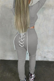 Grey Fashion Casual Solid Bandage Hooded Collar Long Sleeve Two Pieces