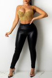 Gold Fashion Sexy Patchwork Hot Drilling Backless Spaghetti Strap Tops