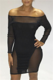 Black Fashion Sexy Patchwork See-through Off the Shoulder Long Sleeve Dresses