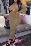 Grey Fashion Sexy Solid Hollowed Out V Neck Long Sleeve Plus Size Dresses