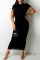 Black Fashion Sexy Solid Backless O Neck Short Sleeve Irregular Dress