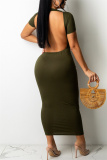Olive Green Fashion Sexy Solid Backless O Neck Short Sleeve Irregular Dress