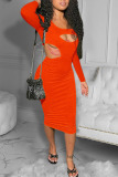 Tangerine Red Sexy Solid Hollowed Out O Neck Pencil Skirt Dresses