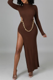 Brown Fashion Sexy Solid Hollowed Out Slit O Neck Long Sleeve Dresses (Without Waist Chain)