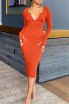 Tangerine Red Sexy Solid Split Joint Backless Hooded Collar One Step Skirt Dresses