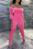 Pink Sexy Casual Solid Backless Off the Shoulder Jumpsuits