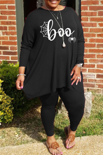 Black Casual Print Patchwork O Neck Plus Size Two Pieces