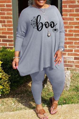 Grey Casual Print Patchwork O Neck Plus Size Two Pieces