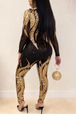 Gold Fashion Long Sleeve Perspective Sequins Jumpsuit