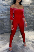 Red Sexy Casual Solid Backless Off the Shoulder Jumpsuits