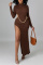 Brown Fashion Sexy Solid Hollowed Out Slit O Neck Long Sleeve Dresses (Without Waist Chain)