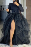 Black Fashion Casual Solid Slit Asymmetrical Plus Size High Waist Mesh Skirt