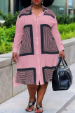 Pink Fashion Casual Plus Size Print Basic Turndown Collar Shirt Dress